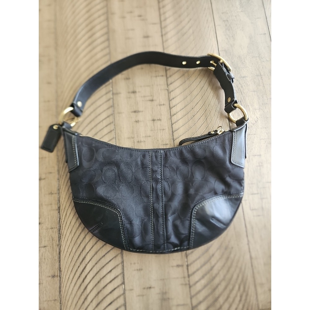 Coach Hobo Bag 11371 Black On Black Jaquard Leather Y2K Crescent C Logo Brass - Picture 5 of 16